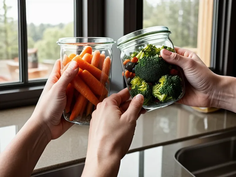 Préparation de contenants en verre pour le batch cooking avec des légumes colorés.