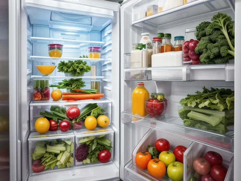Réfrigérateur organisé avec des bacs de conservation en verre étiquetés.