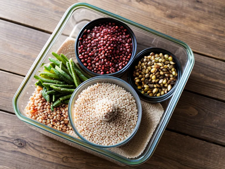 Boîtes de conservation organisées dans le frigo, légumes rôtis et céréales classés pour l'organisation de la cuisine de la semaine