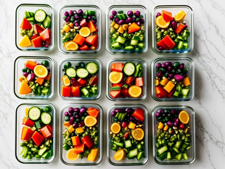 Boîtes de batch cooking organisées dans le frigo pour la semaine de menus légers