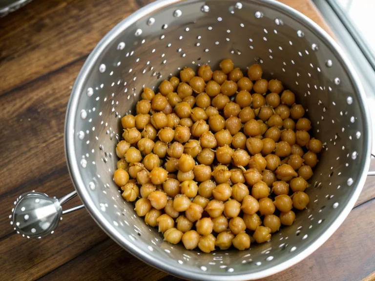 Pois chiches égouttés après cuisson maison, texture ferme pour salade légère et batch-cooking